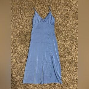 Dusty Blue Satin Midi Slip Dress with Side Slit - Size Small/2